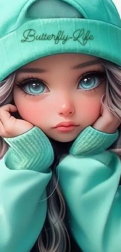 Adorable anime girl in teal outfit with captivating eyes and cute expression.