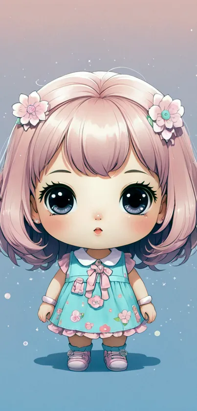 Cute chibi anime girl with pastel colors and floral accents.