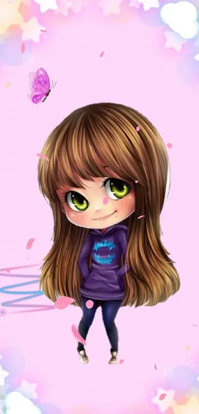 A cute anime girl with a pink background and colorful design elements.