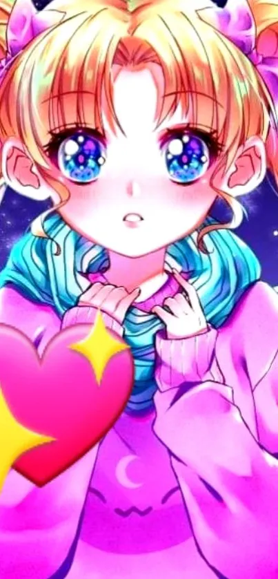 Adorable anime girl with pink and purple hues, sparkly eyes, and heart emoji.