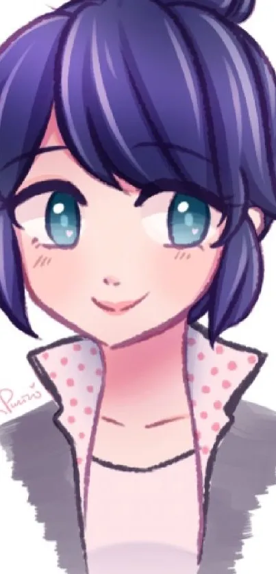 Cute anime girl with navy blue hair and heart design.