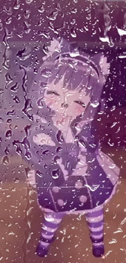 Cute anime girl with raindrops on glass, in purple attire.