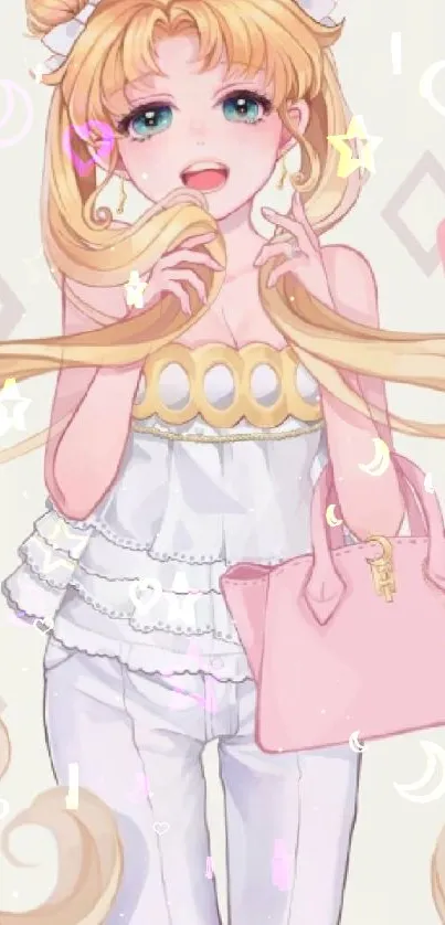 Charming anime girl with long blonde hair, holding a pink bag against a soft cream background.