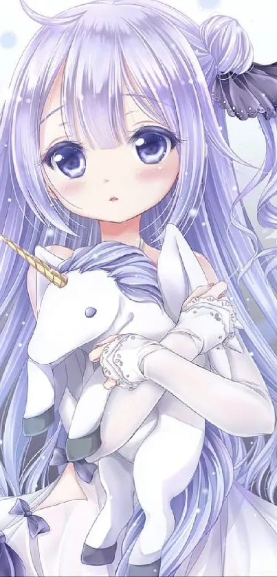 Adorable anime girl holding a plush unicorn with lavender hues.