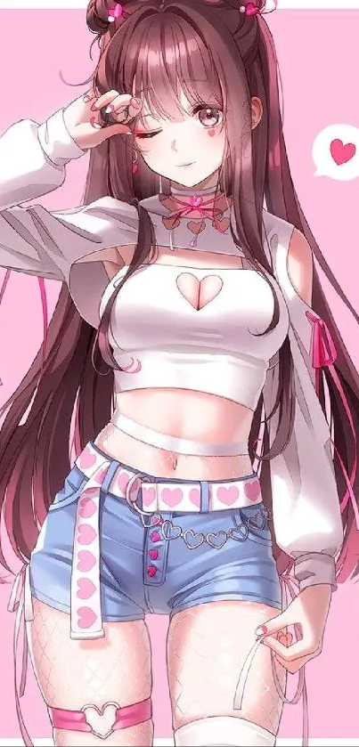 Cute anime girl with heart-themed outfit on a pink background.