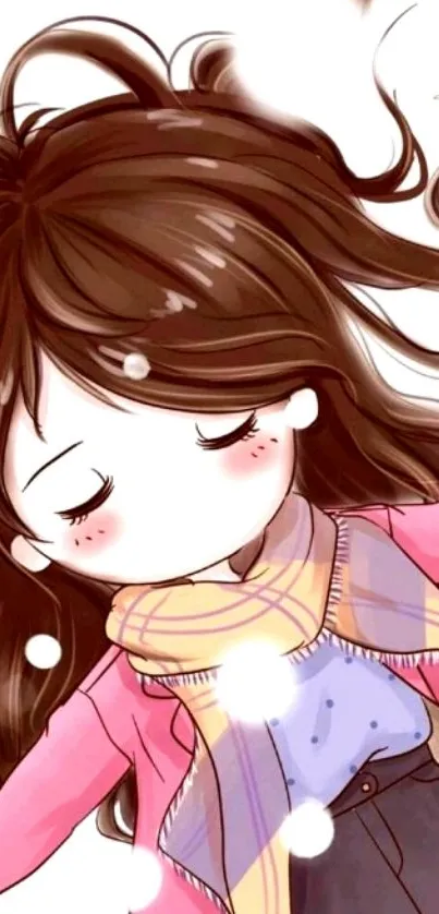 Cute anime girl in winter attire with snowflakes and pastel colors.