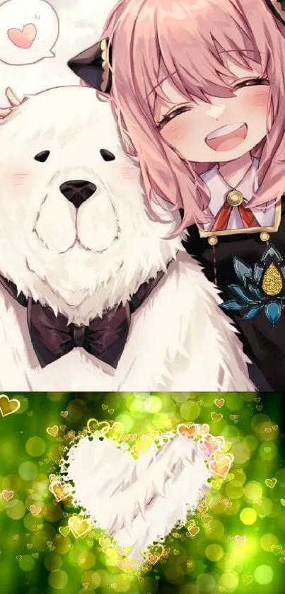 Anime girl smiling with fluffy white bear.