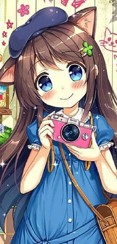 Anime girl with cat ears and a pink camera, wearing a blue dress.