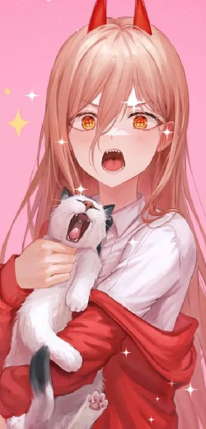 Cute anime girl with red horns holding yawning cat on pink background.