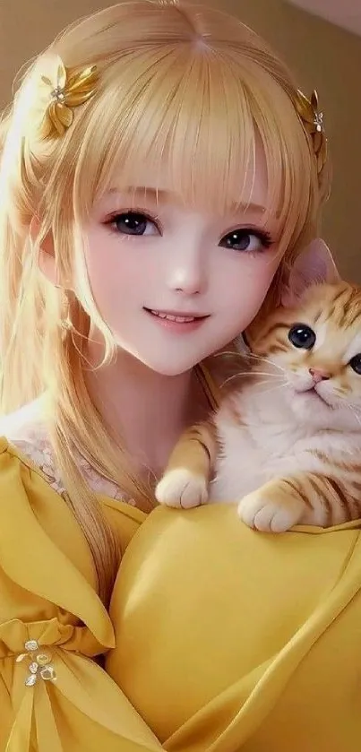 Anime girl holding a cute kitten in a yellow dress.
