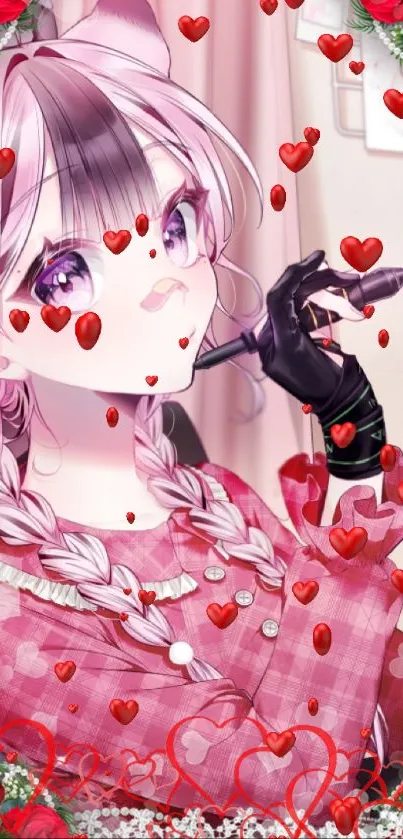 Anime girl with braided hair surrounded by hearts and roses.