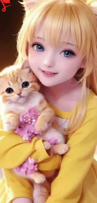 Anime girl with kitten in yellow dress, cute and whimsical.