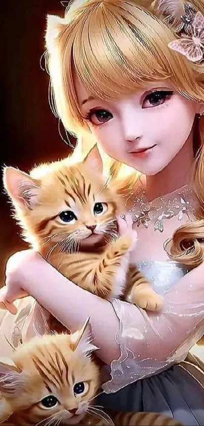 Anime girl holding cute kittens in fantasy art wallpaper.