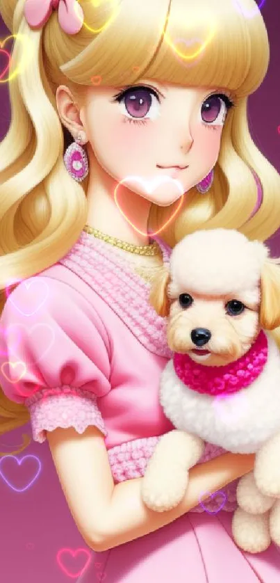 Anime girl with blonde curls holding a puppy on a pink background.