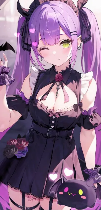 Anime girl with purple hair and gothic style.