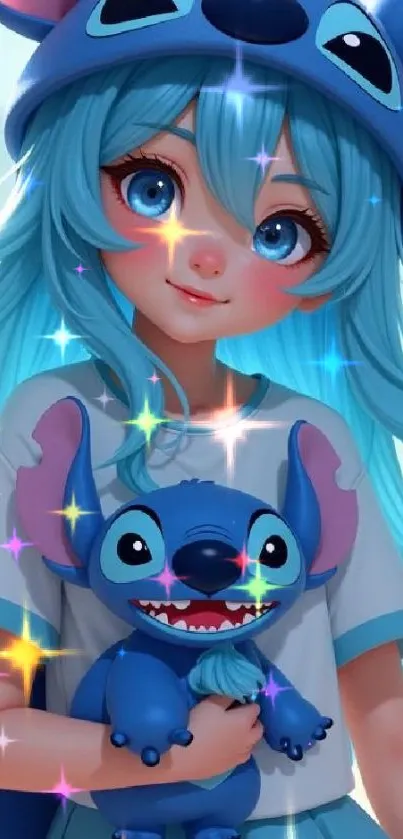 Cute anime girl with blue hair and toy, vibrant colors, sparkling effect.