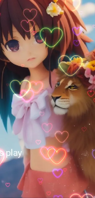 Anime girl with toy lion in a colorful outdoor scene.