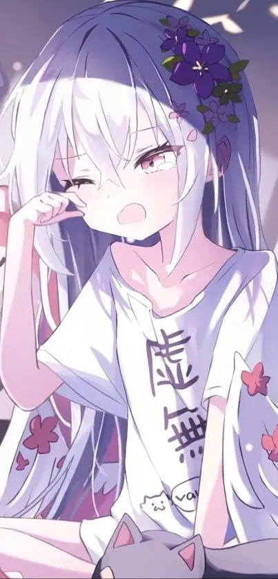 Cute anime girl yawning with floral hair decoration.