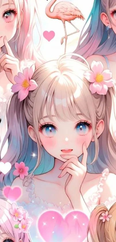 Cute anime girls with flowers and flamingos in pink hues.