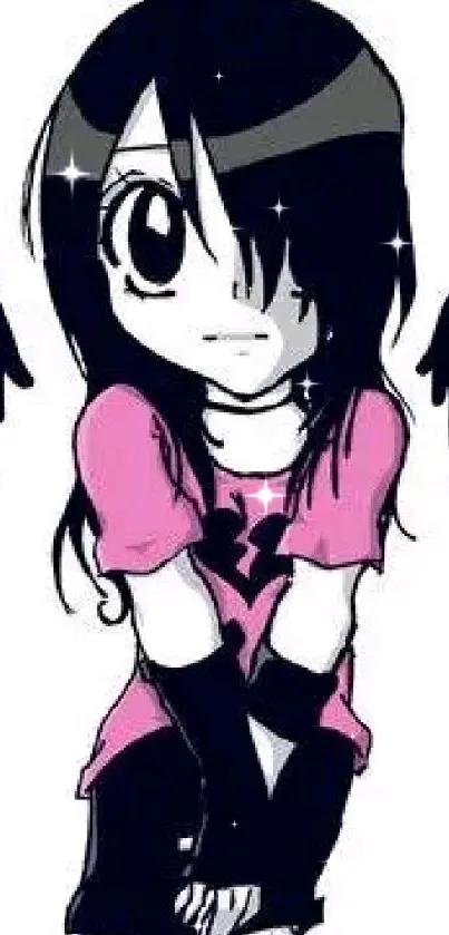 Anime style gothic angel with wings and pink shirt on a black-themed wallpaper.