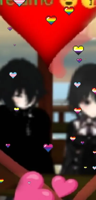 Anime couple surrounded by colorful hearts.