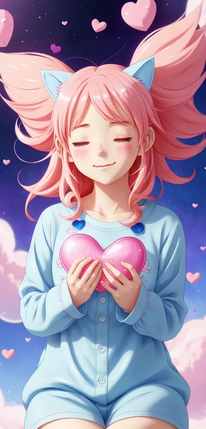 Anime girl with pink hair holding heart pillow.