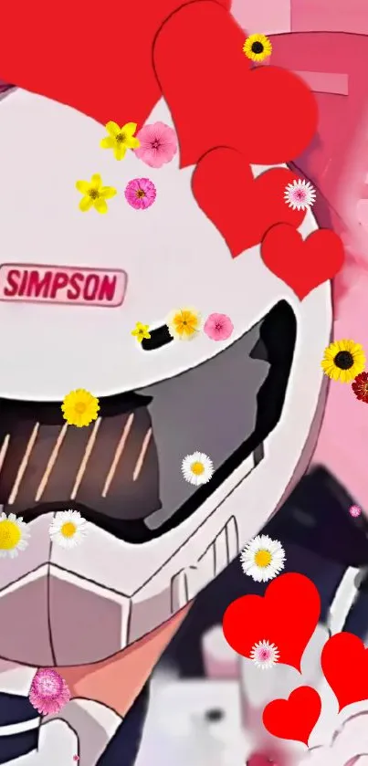 Anime helmet with flowers and hearts on a vibrant pink background.