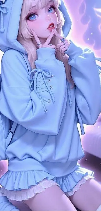 Anime girl in blue hoodie with magical background.
