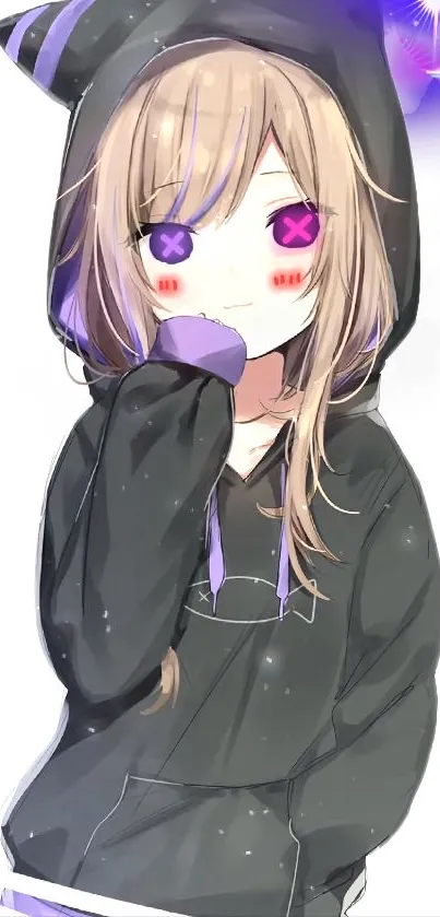 Anime girl wearing a black hoodie with pink eyes and soft smile.