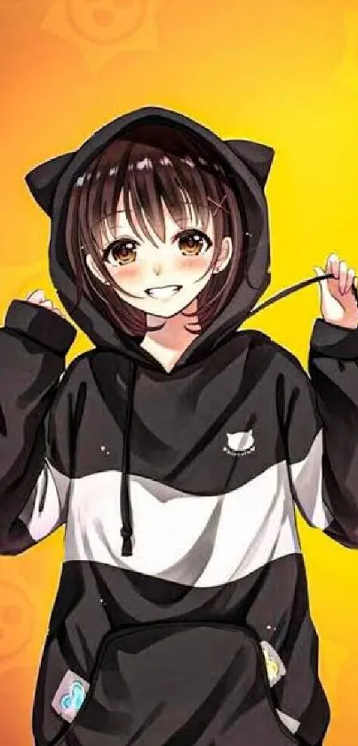 Cute anime character in black hoodie on yellow background.