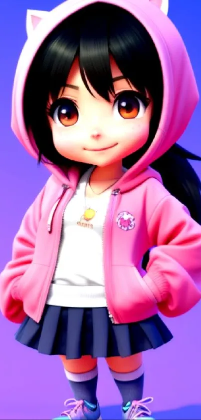 Adorable anime girl in pink hoodie on mobile wallpaper