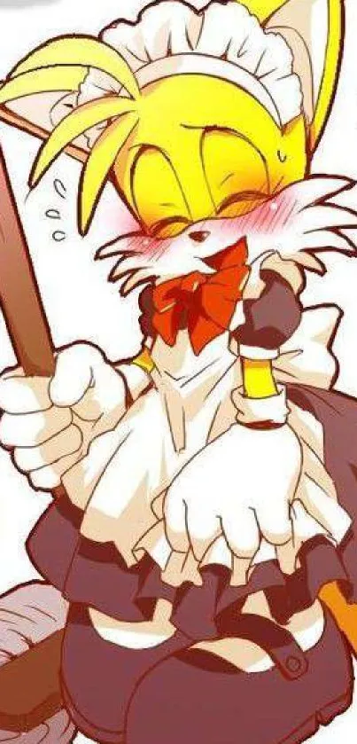 Anime fox in maid outfit holding broom