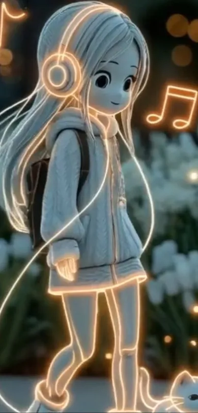 Cute anime character with glowing lines and headphones.