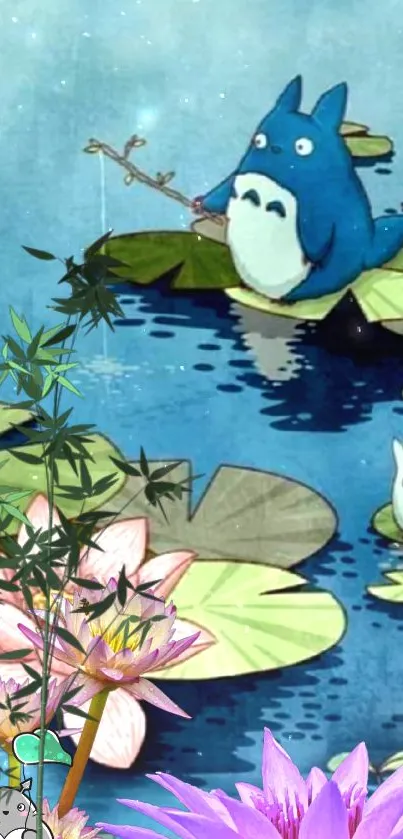 Charming anime scene with cute creatures on lily pads in a nature setting.