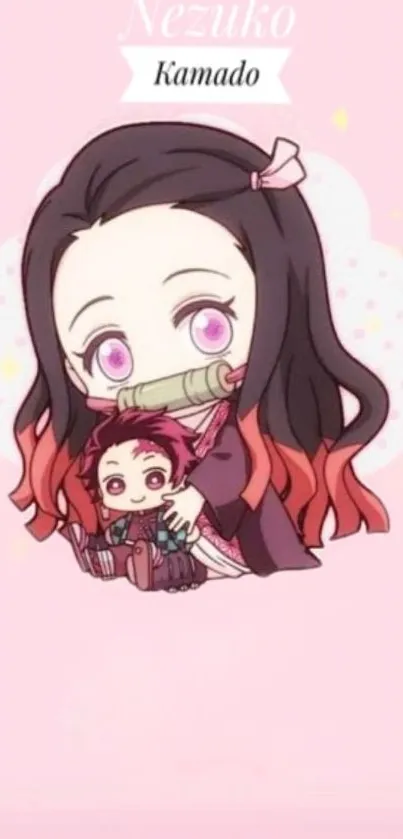 Chibi style Nezuko Kamado on a pink background.