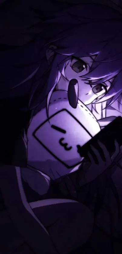 Cute anime character with violet hues and a playful pillow, holding a smartphone.