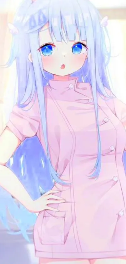 Cute pastel anime nurse wallpaper with blue hair and pink outfit.