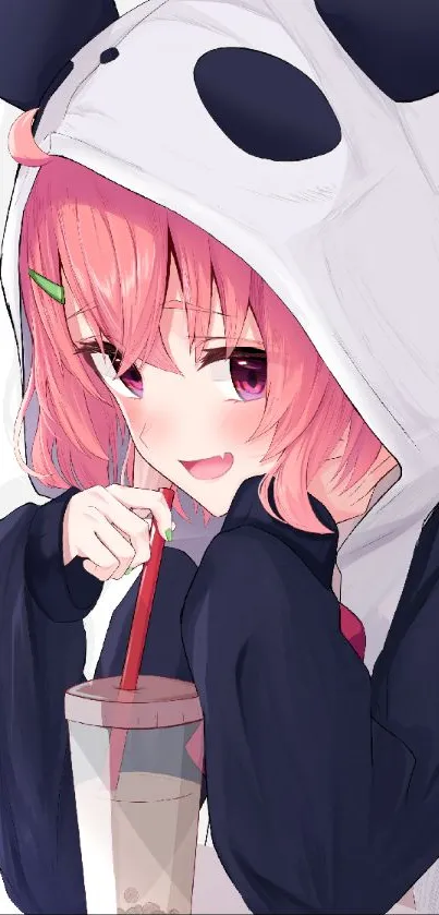 Anime girl in panda hoodie sipping bubble tea with a pink heart backdrop.