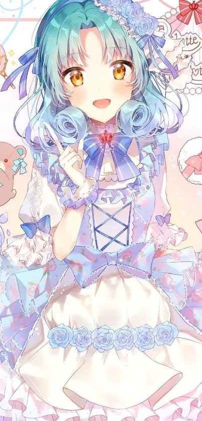 Cute anime girl with pastel colors and blue hair.