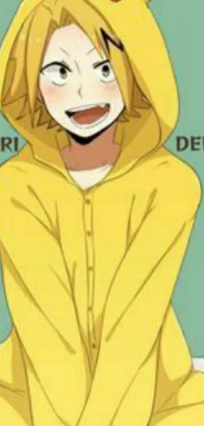 Anime character in yellow Pikachu onesie with a playful smile on mobile wallpaper.