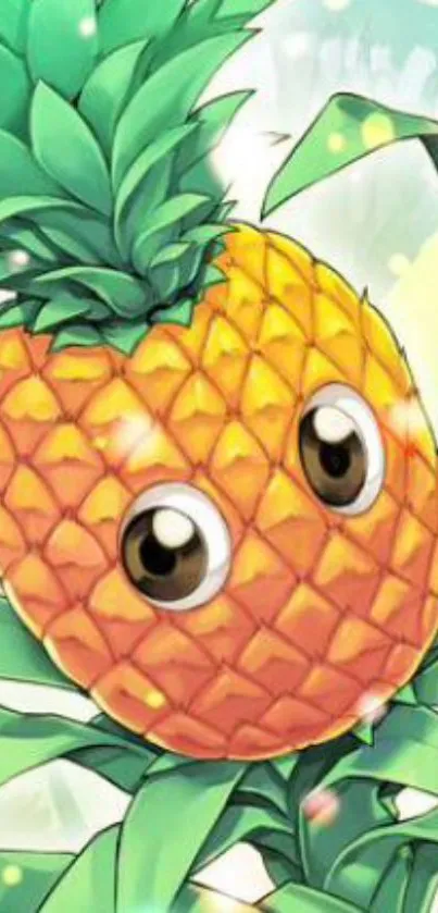 Whimsical anime-style pineapple with big eyes in a tropical setting.