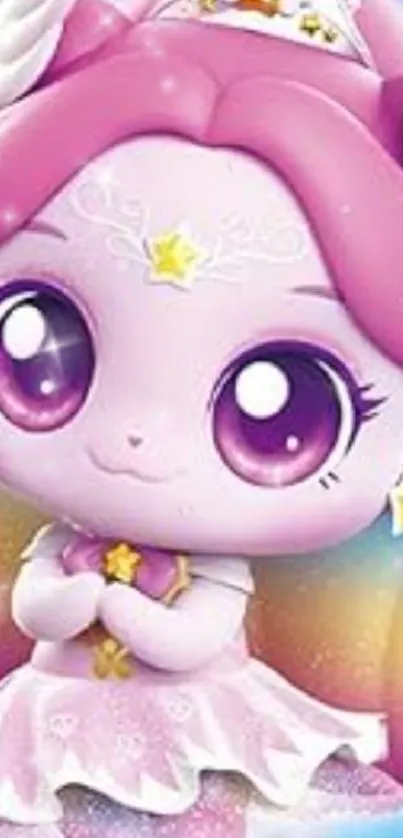 Adorable anime princess with pink dress and big eyes on a colorful background.