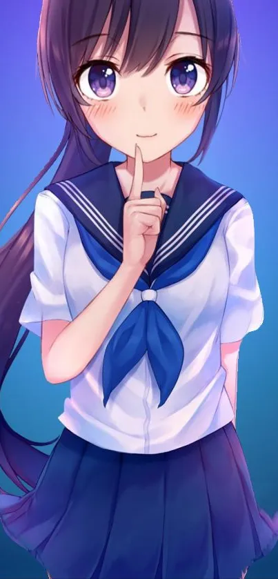 Anime schoolgirl in a blue sailor uniform with a purple background.