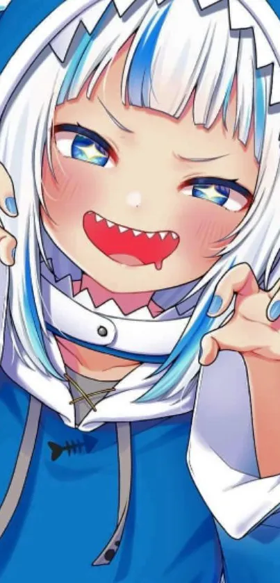 Cute anime shark girl in blue hoodie with playful expression.