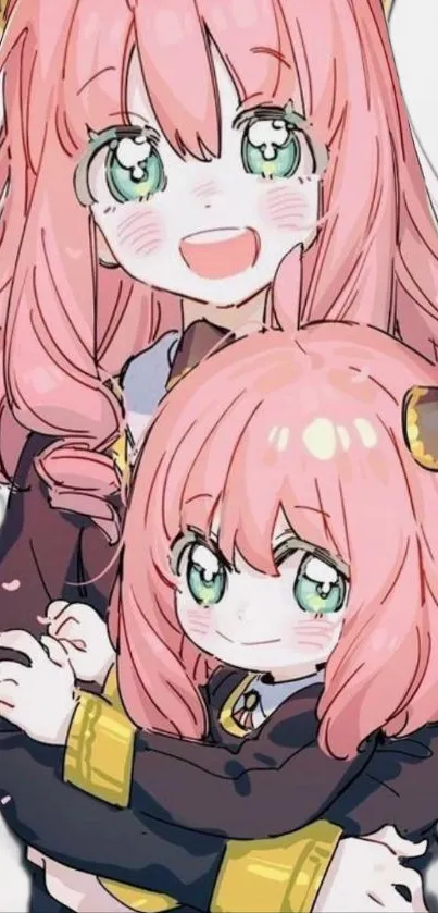 Anime siblings hugging with pink hair.