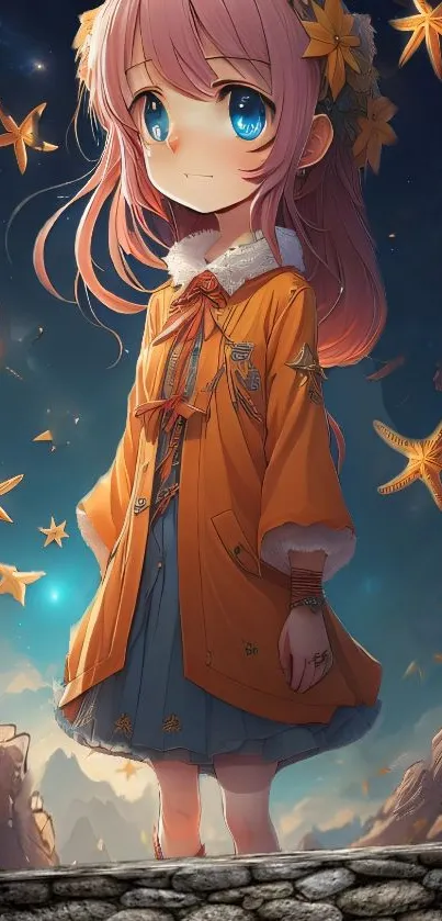 Cute anime girl in orange coat with starry night background.