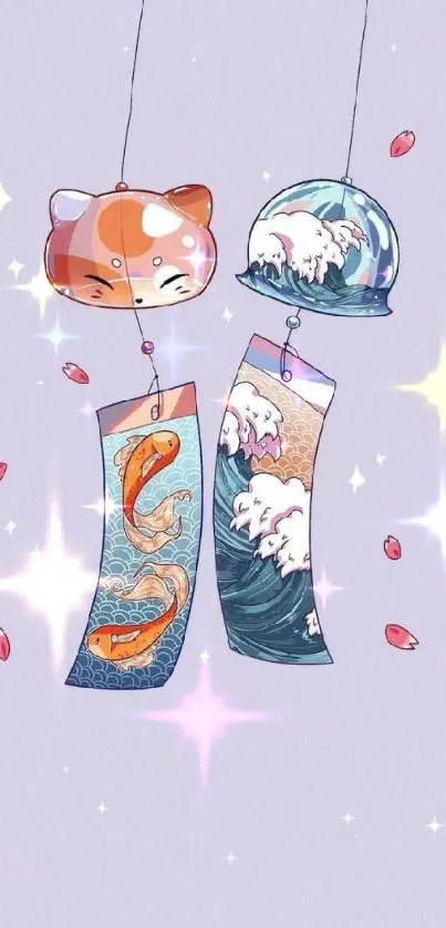 Anime-style wind chime with fish and waves on lavender background.