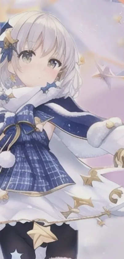 Blonde anime girl in winter attire with stars, set against a pastel lavender background.