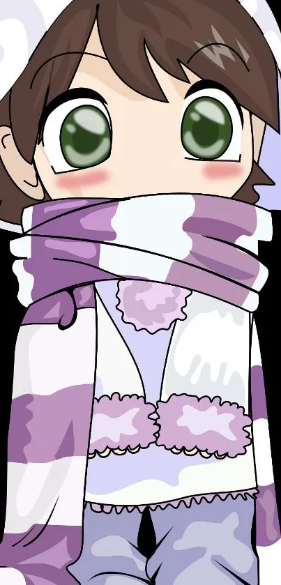 Cute anime character in lavender scarf and cozy winter attire.