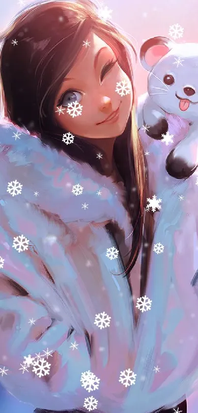 Anime girl in fluffy coat with panda toy, winter background.